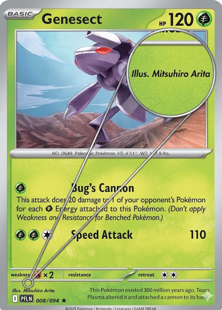 Genesect Pokemon card with a magnifying-glass overlay zooming in on 'Illus. Mitsuhiro Arita' printed in the bottom left.