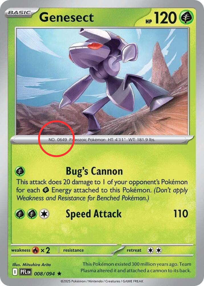 A Genesect Pokemon trading card. A red circle highlights the very small Pokédex number printed near the artwork.